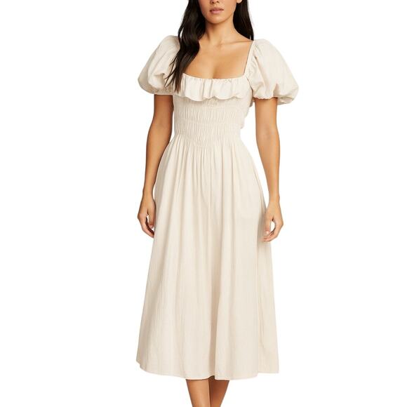 Eye of The Needle Boutique Beige Puff Sleeve Midi Dress Size Medium - Picture 1 of 7